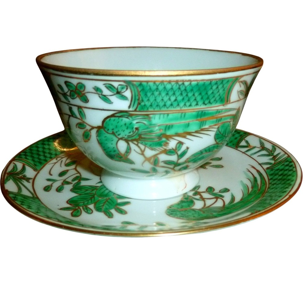 Vintage Chinese Famille Verte Style Teacup & Saucer Green Phoenix Bird Gold Gilt
